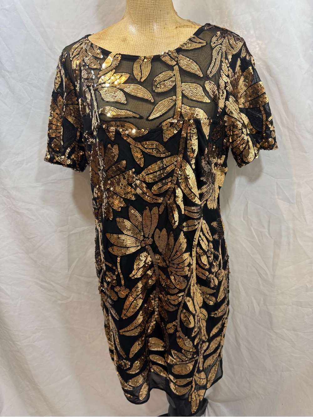 Anthropologie Black Dress with Gold Sequin Leaf Embroidery M